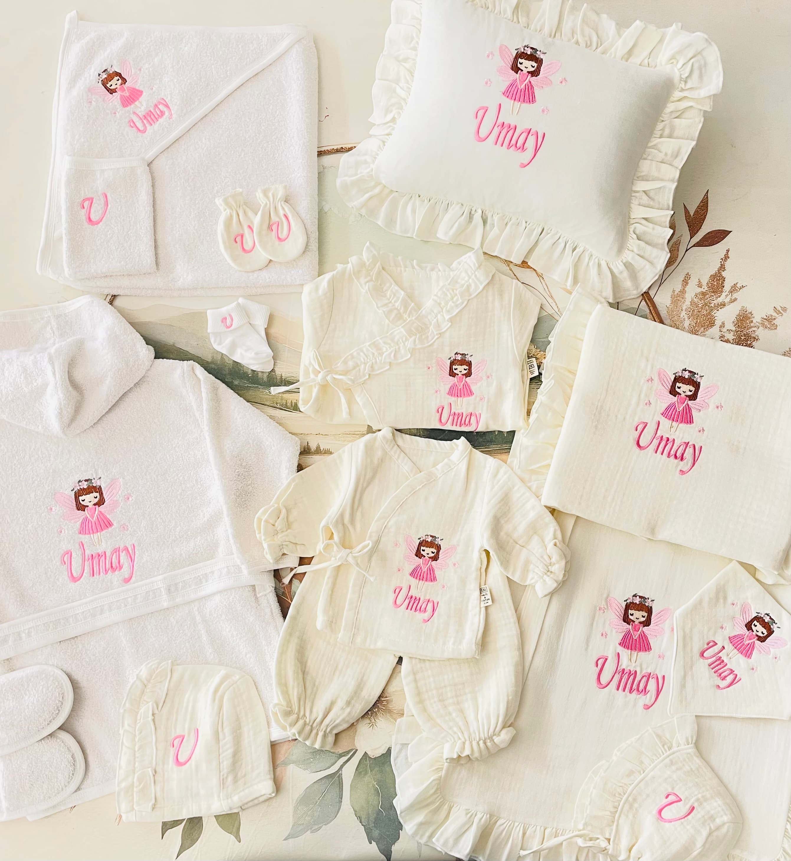 Pembe peri kızı desenli müslin set