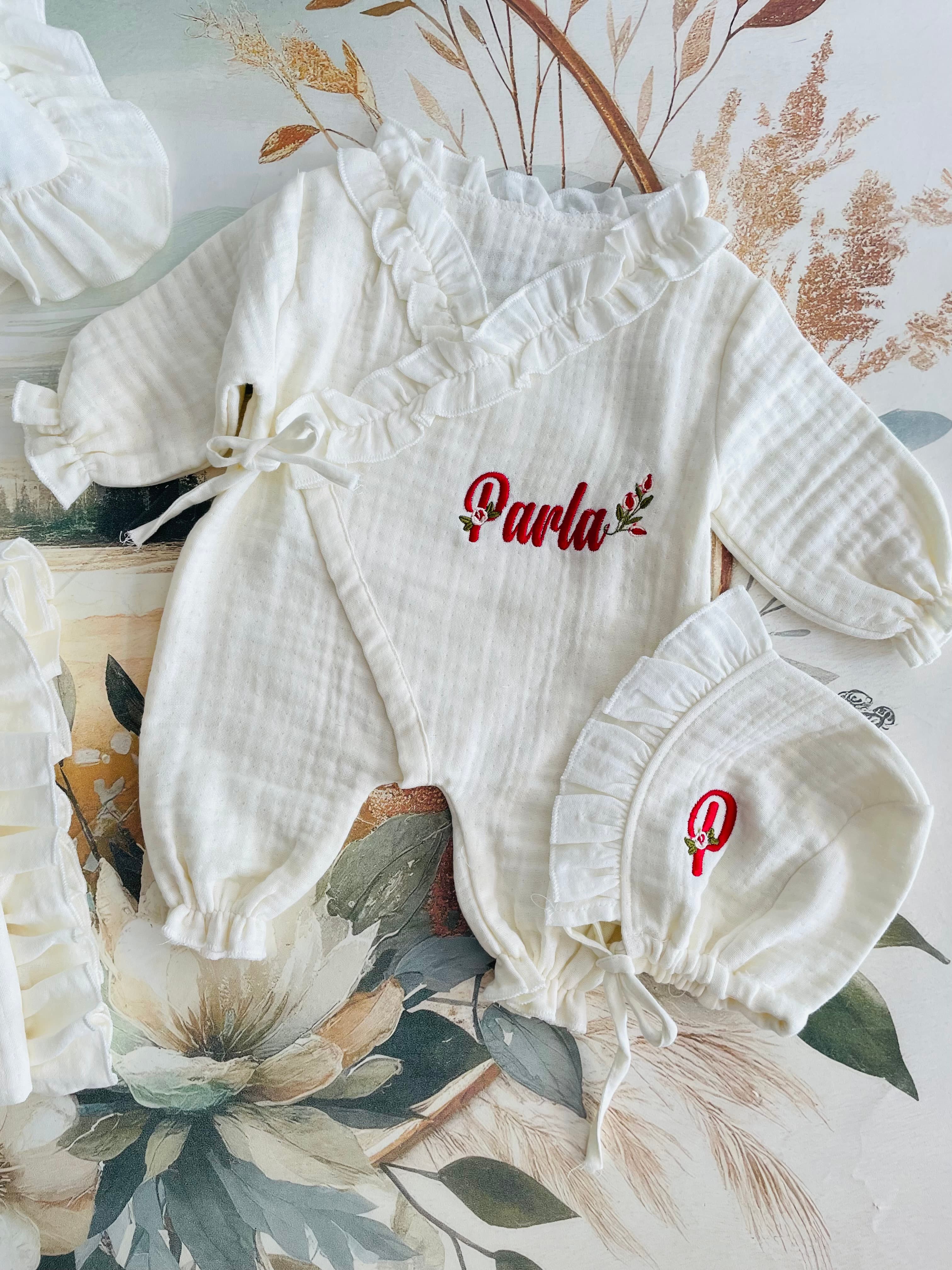Gül nakışlı müslin set (kırmızı) görsel 3