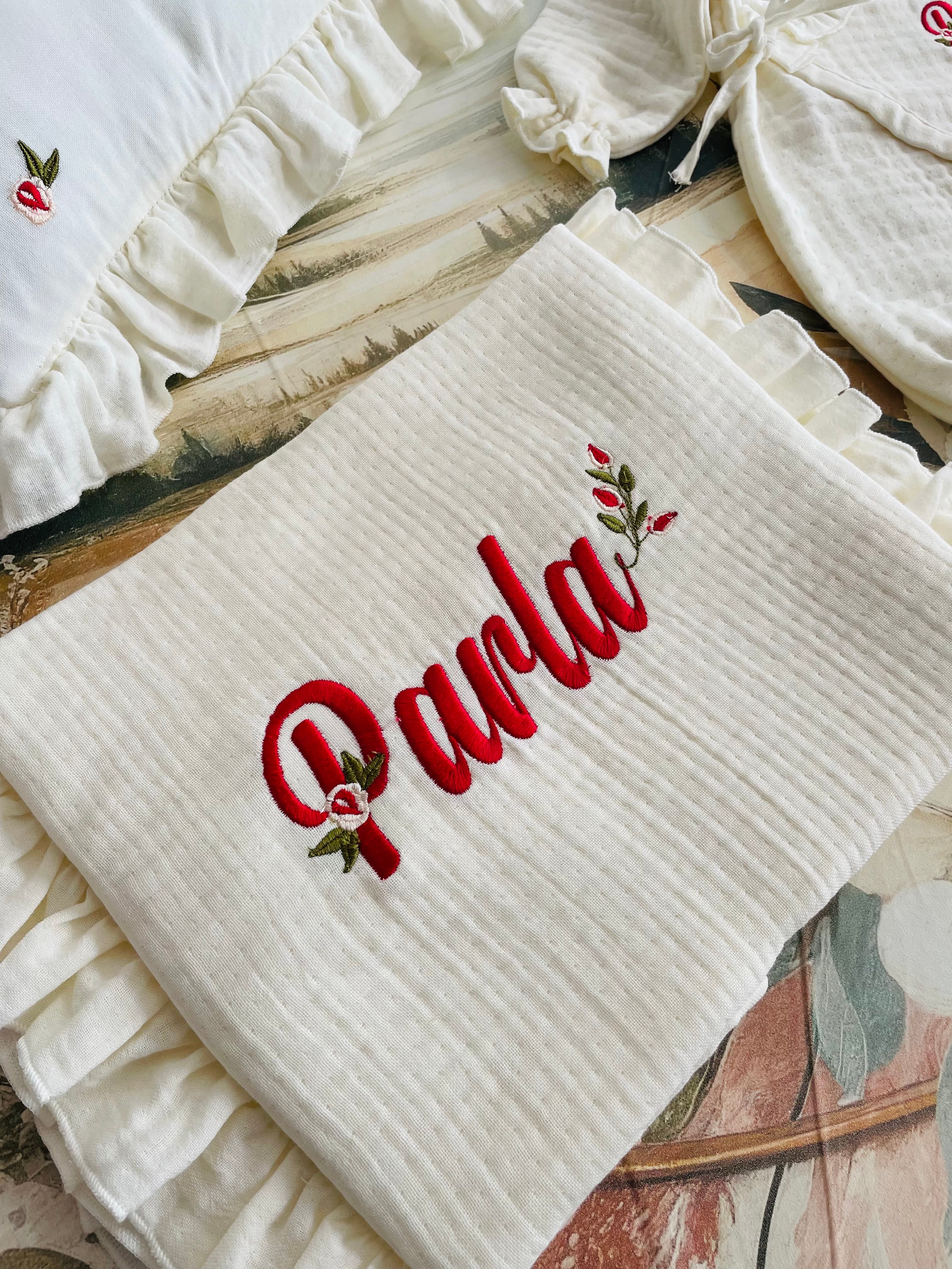 Gül nakışlı müslin set (kırmızı) görsel 4