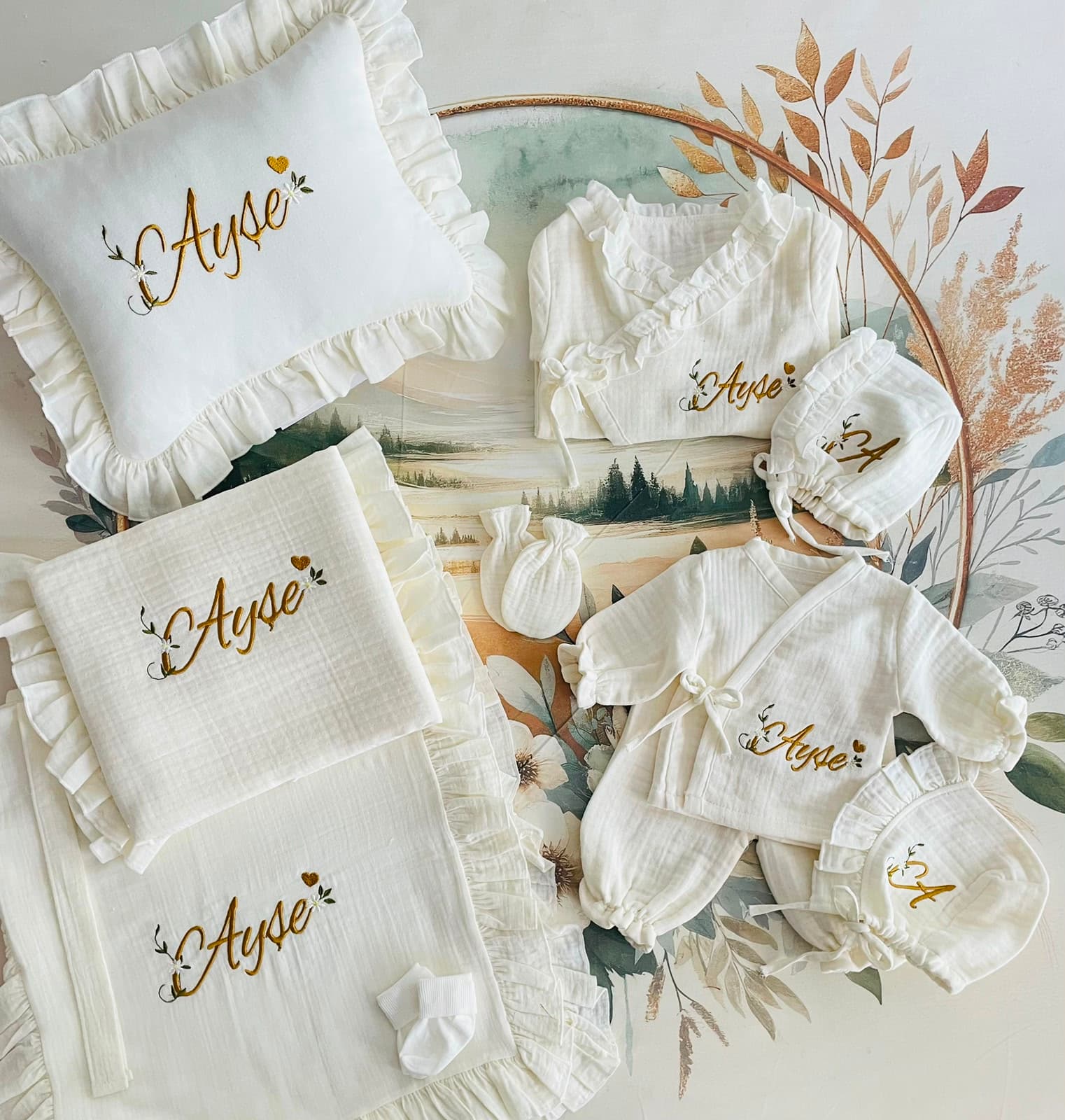 Çiçekli sarmaşık desenli müslin set görsel 4