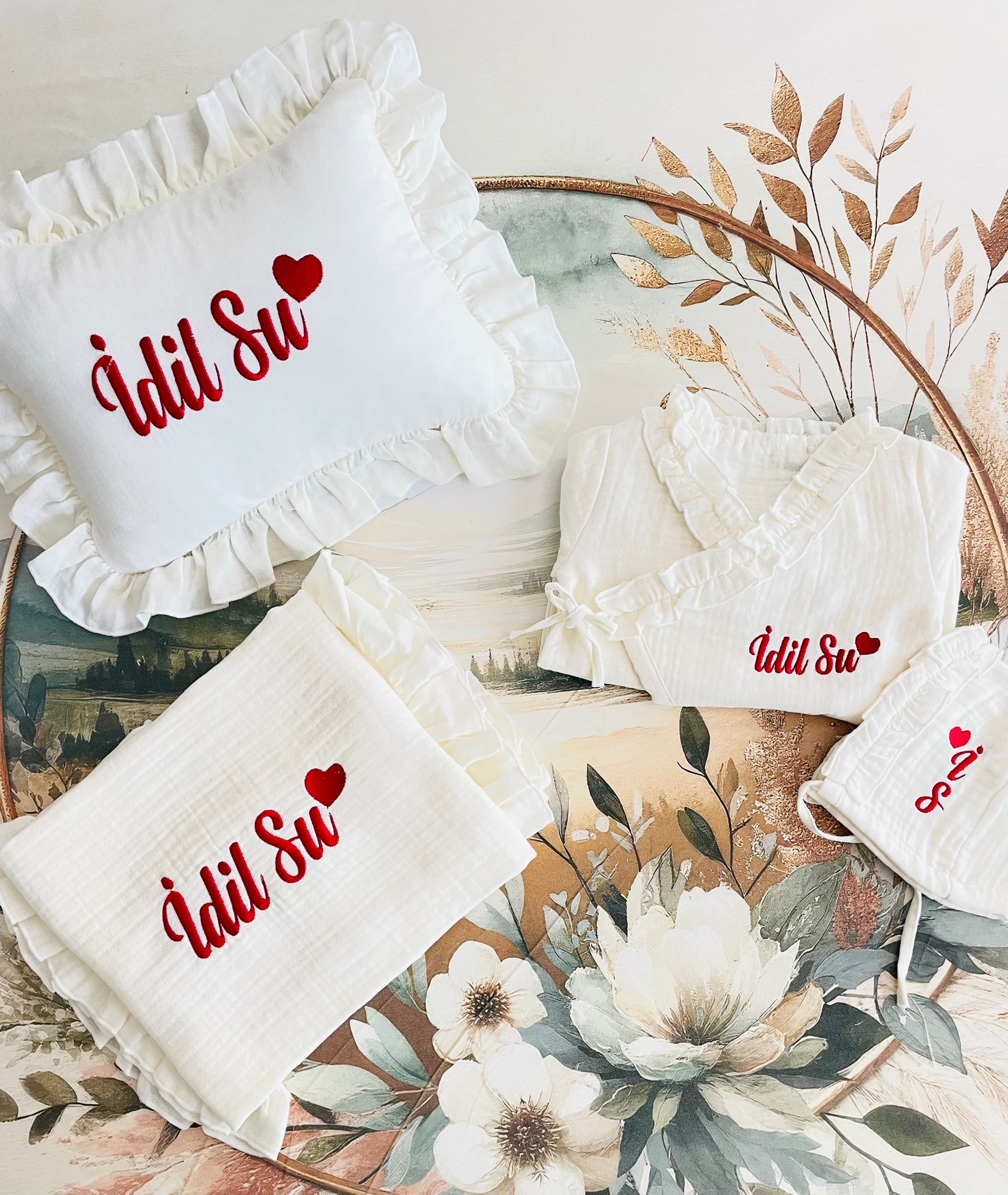 Kırmızı Kalpli müslin set